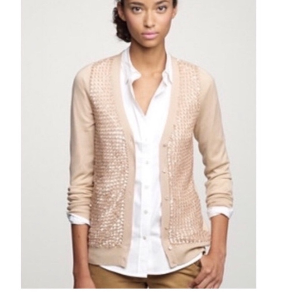 J. Crew Size L Pink Blush Merino Sequined Crochet Cardigan Sweater Career V Neck
